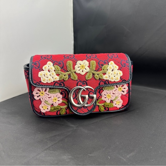 Gucci Monogram Multicolor Super Mini GG Marmont in Red wFloral Embroidery NEW! - Picture 4 of 14